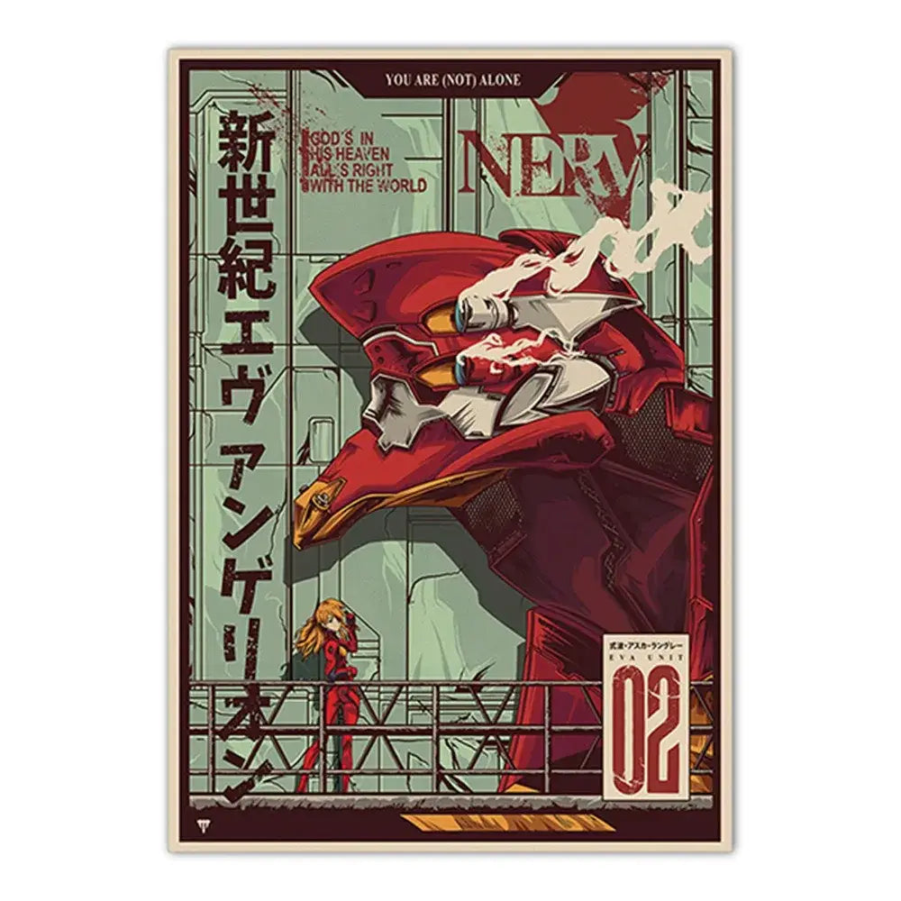Red and white neon genesis evangelion unit-02 poster with japanese text on evangelion shinji canvas self-sticker