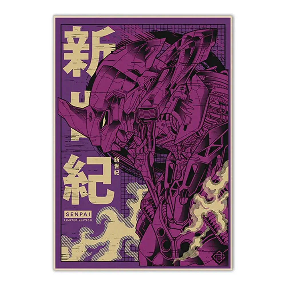Purple and gold illustrated neon genesis evangelion shinji canvas self-sticker with detailed stylized mecha design and bold japanese characters