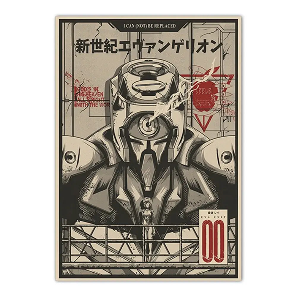 A stylized black and white neon genesis evangelion shinji canvas self-sticker featuring unit-00 with red accents and japanese text