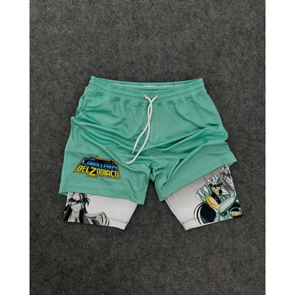 Teal two-tone quick-dry double-layer shorts with the saga of the zodiac logo and anime prints neon genesis evangelion shinji cosplay