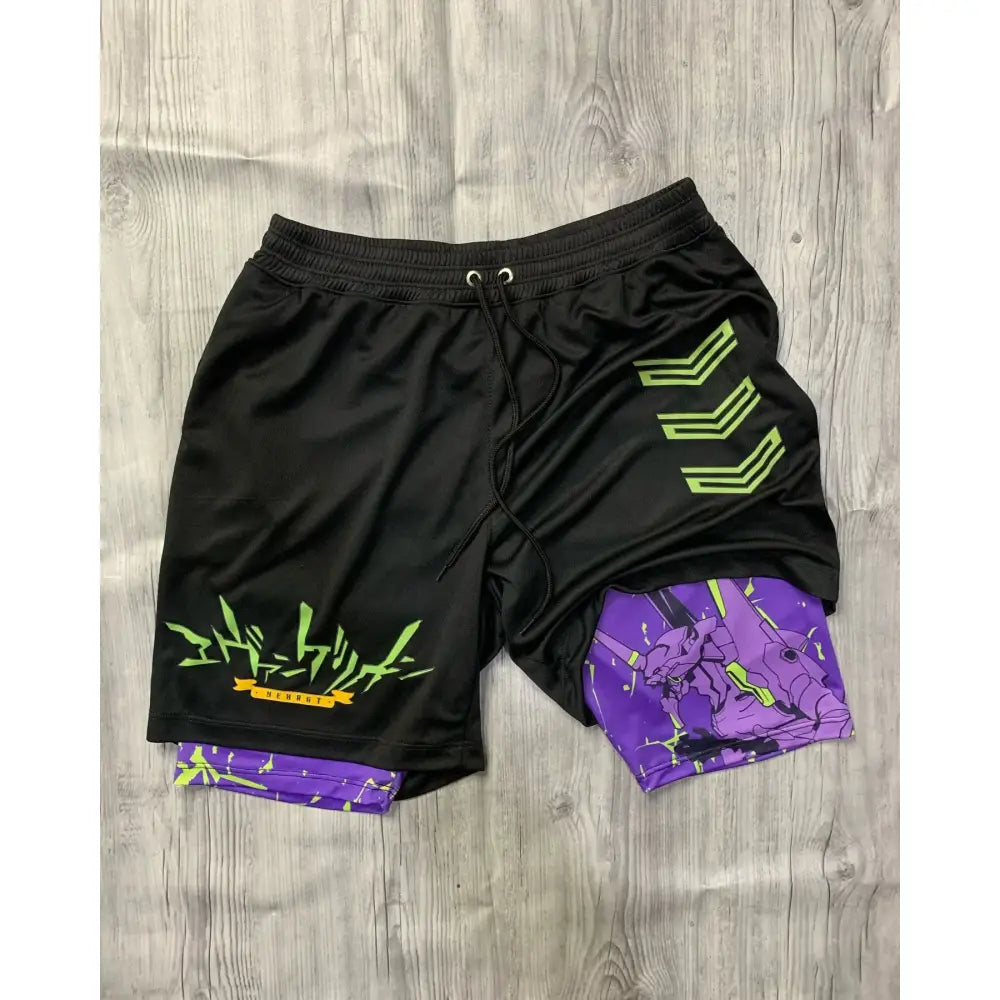 Neon genesis evangelion shinji quick-dry double-layer black athletic shorts with neon green purple graphic and inner cosplay lining