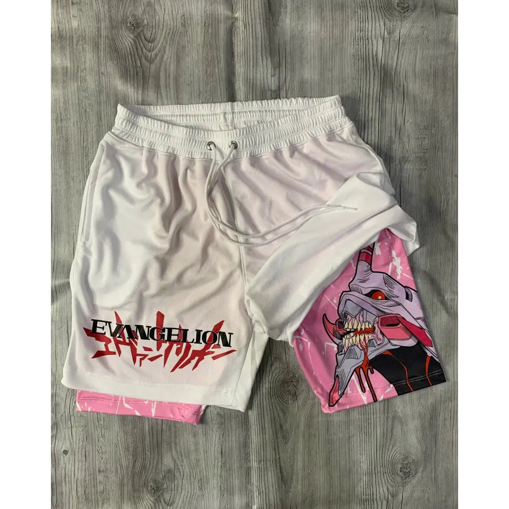 White and pink two tone quick dry double layer shorts with evangelion shinji design and red logo for neon genesis evangelion cosplay