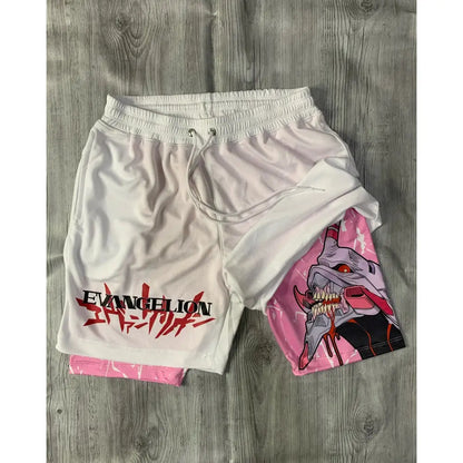 White and pink two tone quick dry double layer shorts with evangelion shinji design and red logo for neon genesis evangelion cosplay