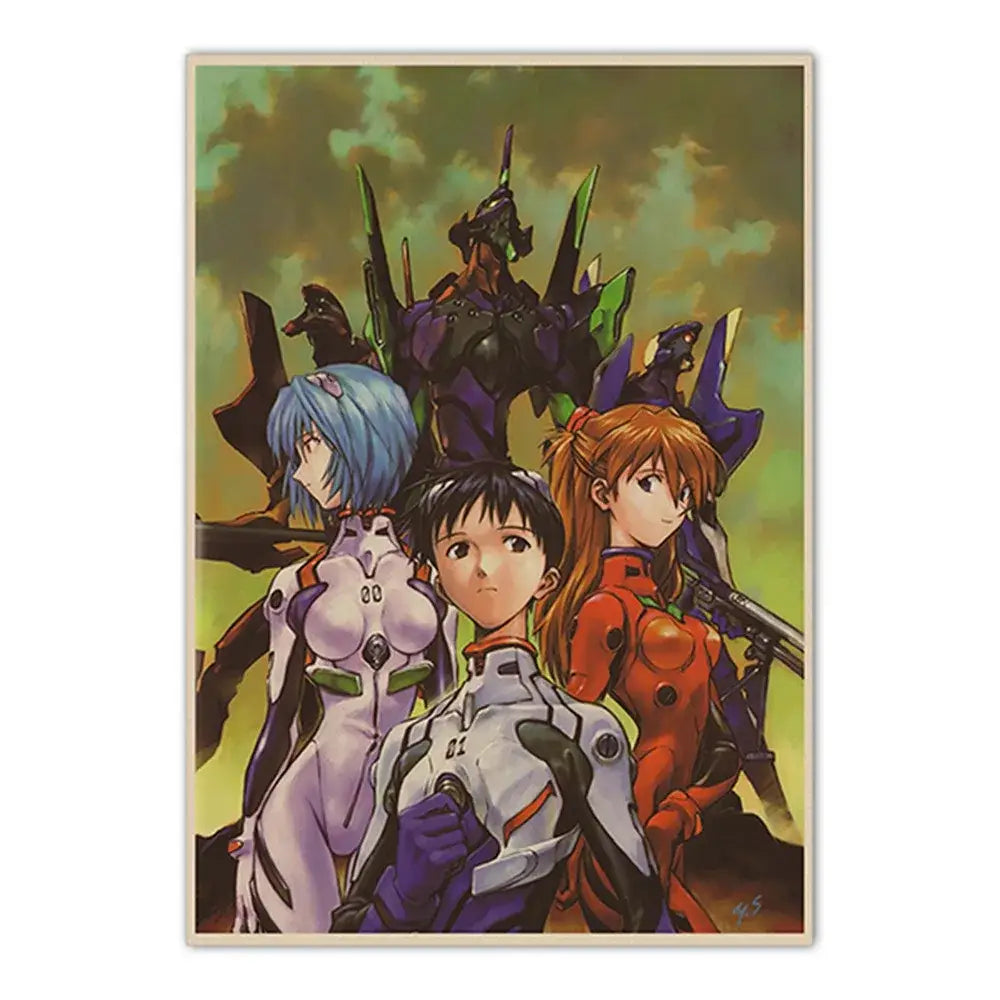 Vintage-style canvas sticker of neon genesis evangelion shinji ikari in mecha pilot suit against cloudy sky background
