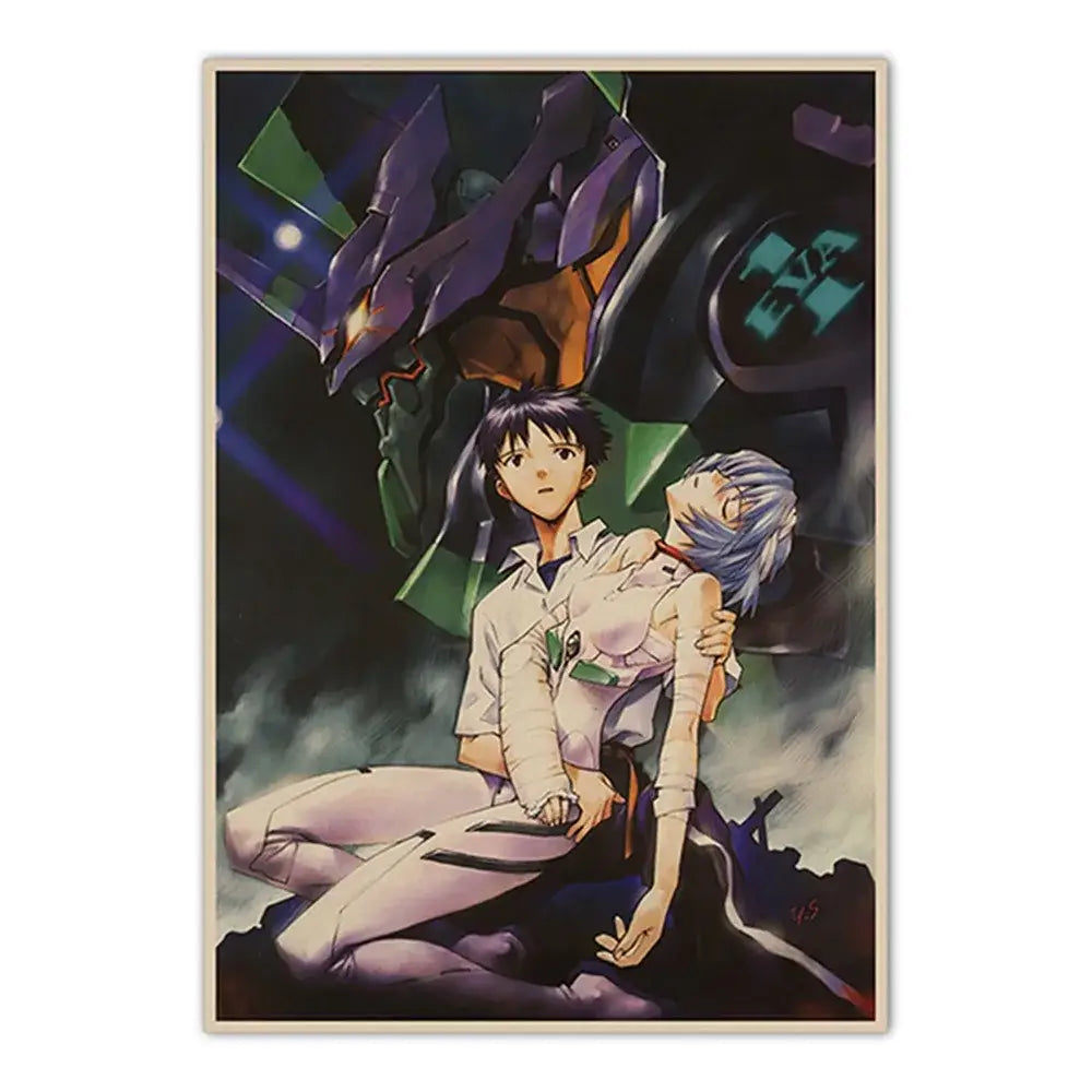 Anime poster canvas sticker featuring evangelion shinji ikari and mecha in white uniforms neon genesis evangelion design