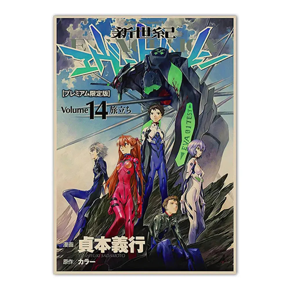 Vibrant neon genesis evangelion shinji ikari canvas sticker featuring colorful plugsuits and eva unit 01 against dramatic sky