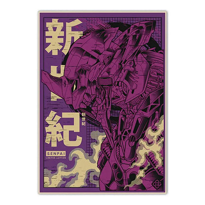 Purple and gold neon genesis evangelion shinji ikari canvas sticker with stylized mecha and bold japanese characters