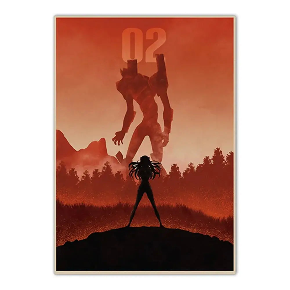 Stylized neon genesis evangelion shinji ikari canvas sticker with a silhouette and evangelion unit-02 on orange sky background