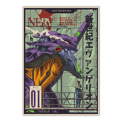 Purple and orange neon genesis evangelion shinji ikari canvas sticker with japanese text and i must not run away phrase