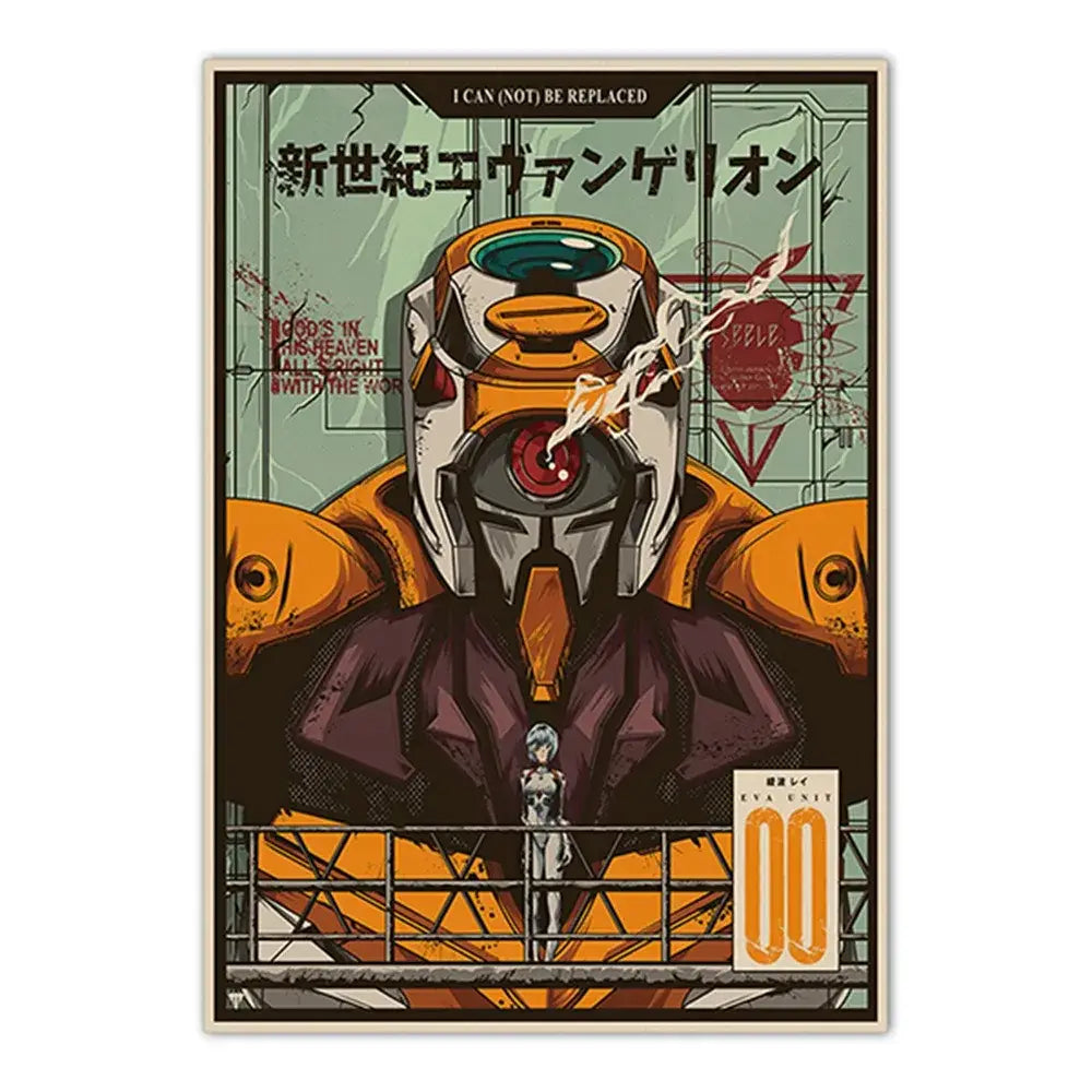 Orange and white neon genesis evangelion shinji ikari canvas sticker with stylized armored robot head and glowing red eyes