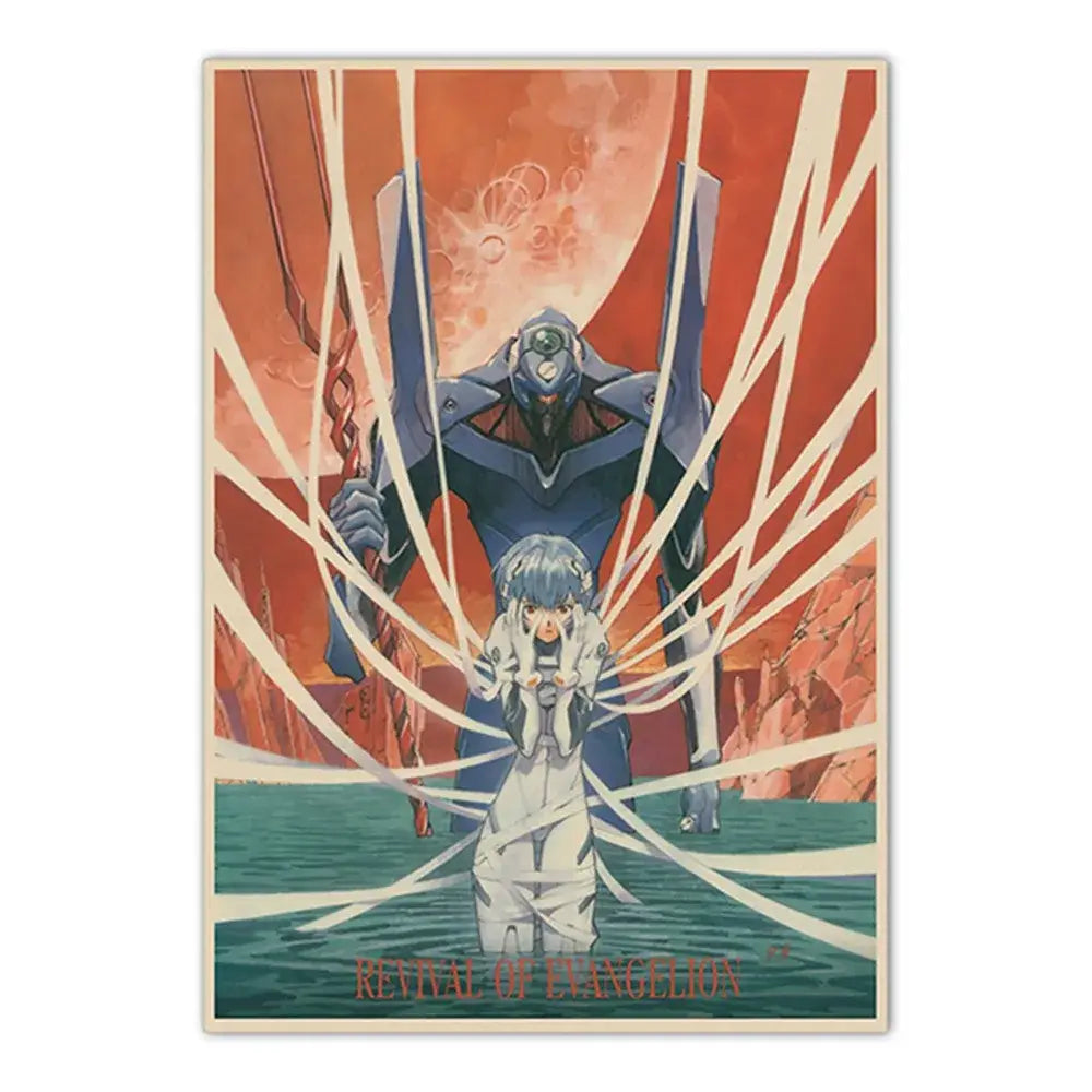 Vintage-style neon genesis evangelion shinji ikari canvas sticker with blue evangelion and white figure on orange backdrop