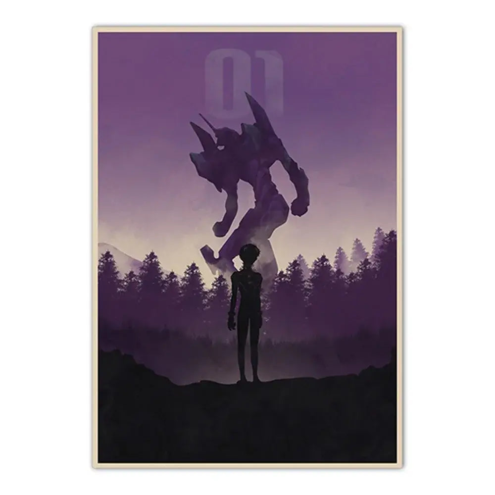 Purple-toned neon genesis evangelion shinji ikari canvas sticker with unit-01 silhouette and human figure against twilight sky