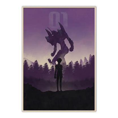 Purple-toned neon genesis evangelion shinji ikari canvas sticker with unit-01 silhouette and human figure against twilight sky