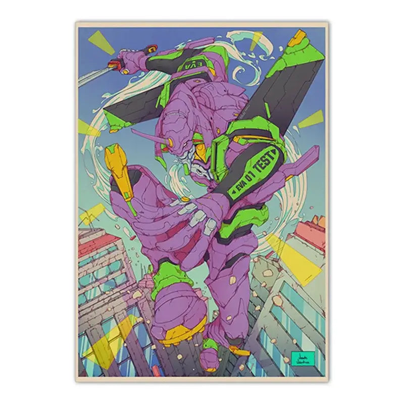 Neon genesis evangelion shinji ikari canvas sticker featuring purple and green unit-01 action figure mid-action