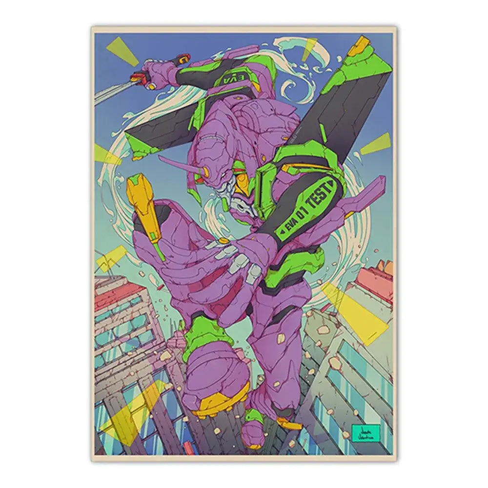 Purple and green neon genesis evangelion shinji ikari canvas sticker with dynamic action figure pose cityscape background