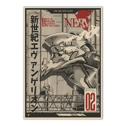 Stylized metallic silver neon genesis evangelion shinji ikari canvas sticker featuring evangelion unit-02 mecha with red accents