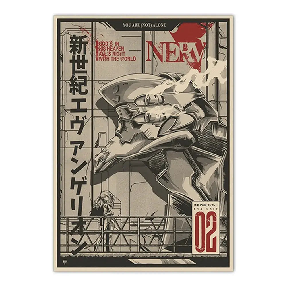 Stylized metallic gray and red evangelion unit-02 canvas sticker with japanese and english text featuring neon genesis evangelion shinji ikari