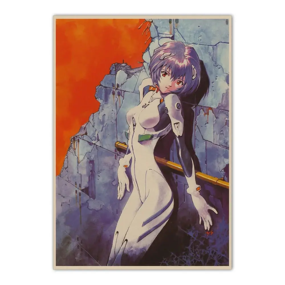 A framed poster of neon genesis evangelion shinji ikari in a white and black plugsuit with purple hair on an orange sky background