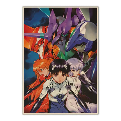 Vibrant neon genesis evangelion shinji ikari canvas sticker with three pilots in white blue suits and colorful mechs