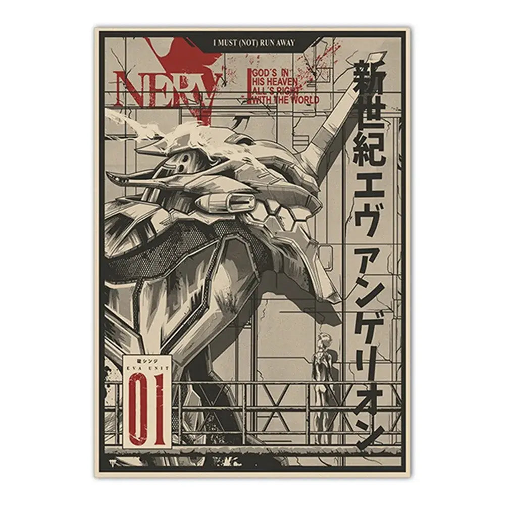 Vintage-style neon genesis evangelion shinji ikari canvas sticker with sepia tones and bold red accents in frameless design