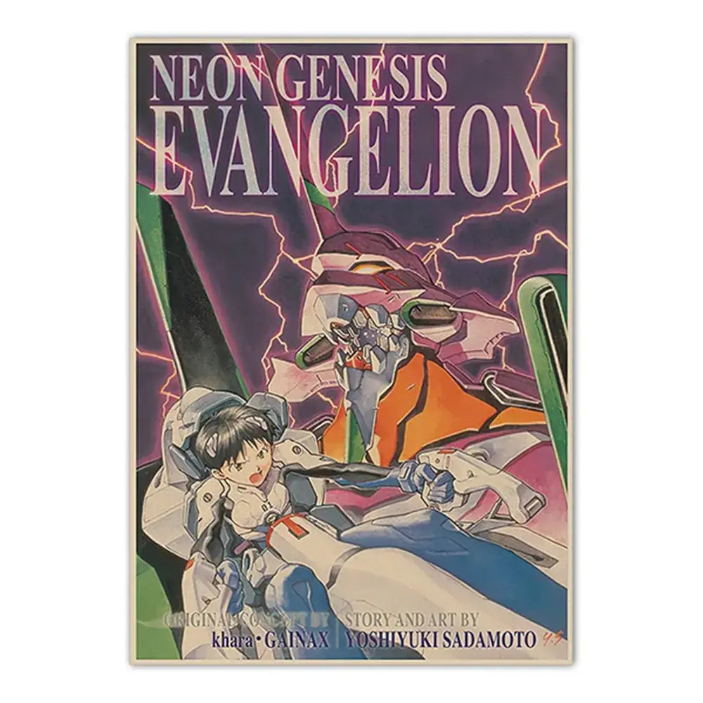 Neon genesis evangelion shinji ikari canvas sticker featuring stylized orange and purple mecha with stormy lightning background