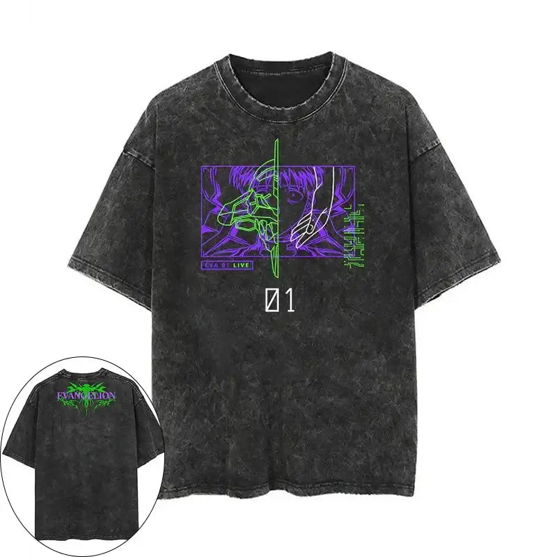 Black distressed washed cotton t-shirt featuring neon green and purple shinji ikari y2k anime graphic and evangelion logo back