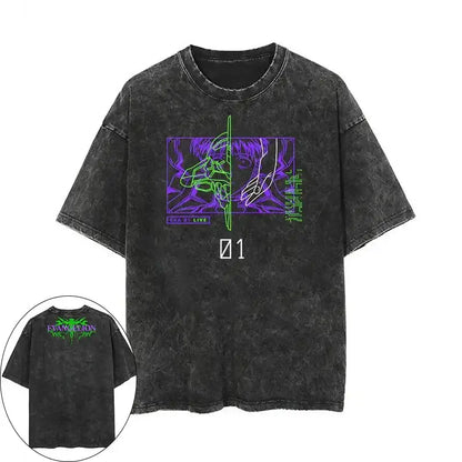 Black distressed washed cotton t-shirt featuring neon green and purple shinji ikari y2k anime graphic and evangelion logo back