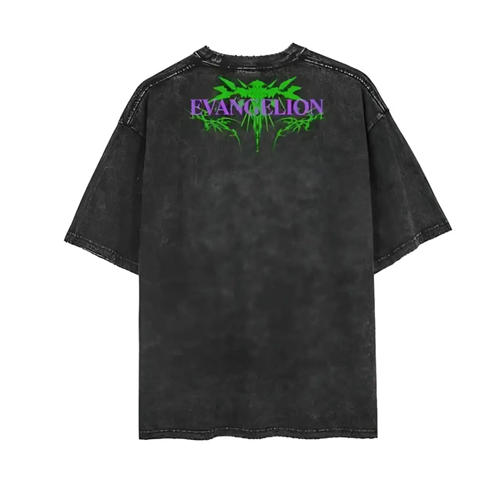 Back of black distressed washed cotton t-shirt with vibrant green and purple evangelion graphic featuring shinji ikari y2k style