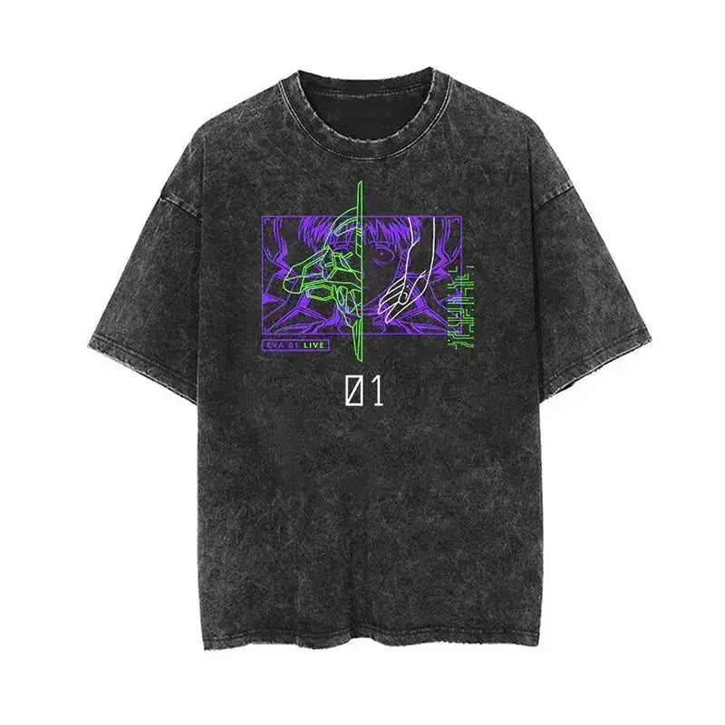 Black distressed washed cotton t-shirt featuring neon green purple y2k shinji ikari eva 01 live graphic and text 01