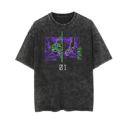 Black distressed washed cotton t-shirt featuring neon green purple y2k shinji ikari eva 01 live graphic and text 01