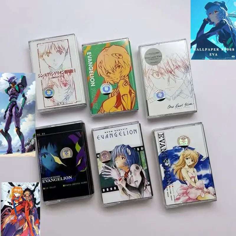 Clear plastic cassette tapes with colorful neon genesis evangelion shiro sagisu anime artwork featuring eva unit-01 and pilots