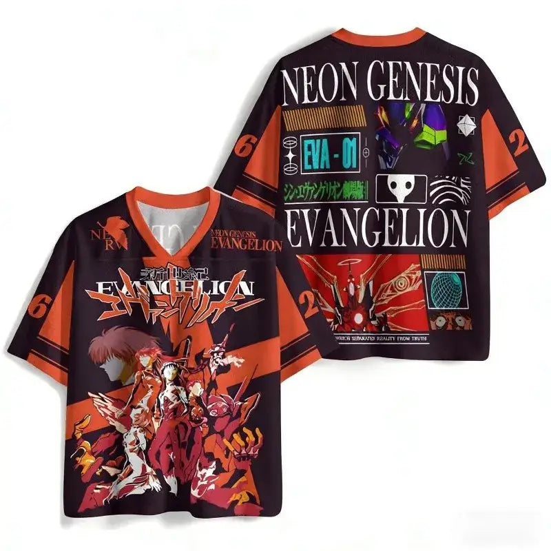 Black and orange short-sleeved v-neck jersey with detailed neon genesis evangelion 3d print oversized design