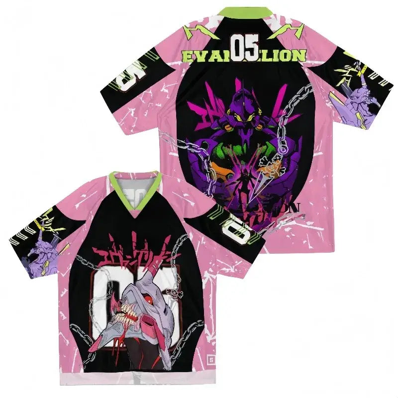 Pink and black short-sleeved baseball-style shirt with neon green accents and vibrant neon genesis evangelion 3d print graphics