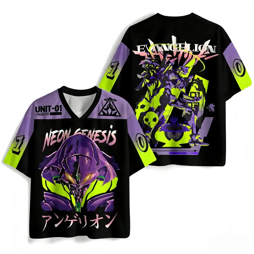 Black short-sleeved v-neck jersey with vibrant purple and neon green neon genesis evangelion anime graphics oversized fit