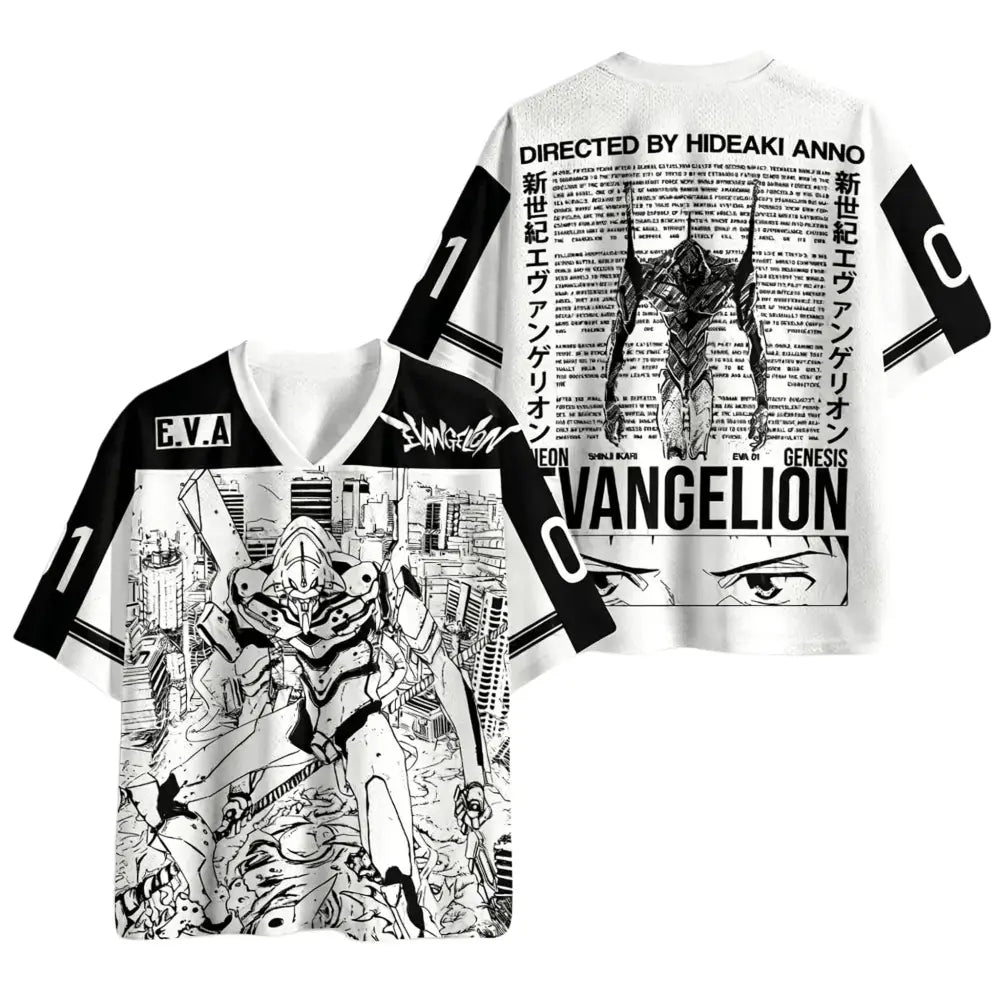 White and black neon genesis evangelion v neck jersey with 3d print oversized design featuring eva unit and directed by hideaki anno text