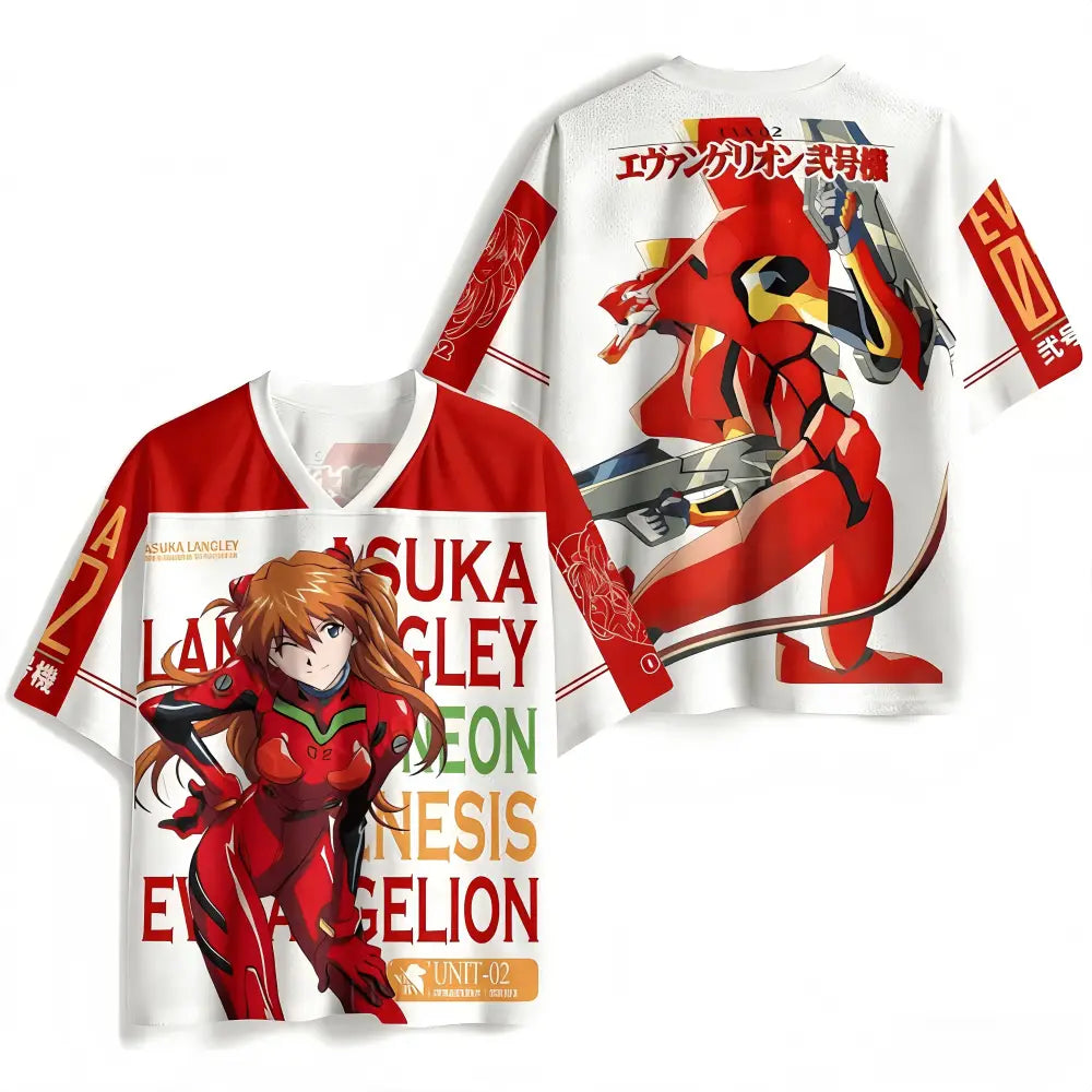White short-sleeved v-neck neon genesis evangelion t-shirt with red asuka langley graphic print and unit-02 on back