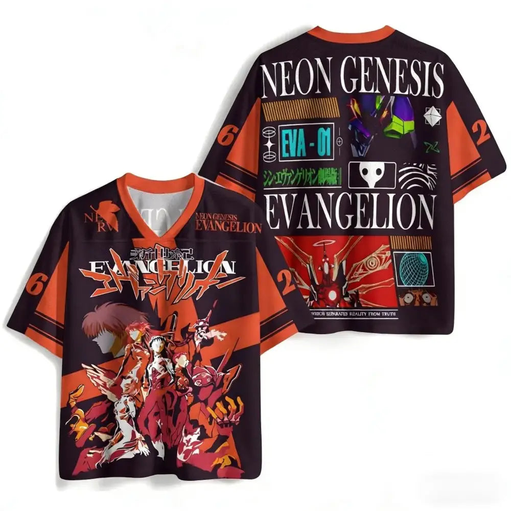 Black and orange short-sleeved v-neck t-shirt featuring vibrant neon genesis evangelion anime 3d print artwork