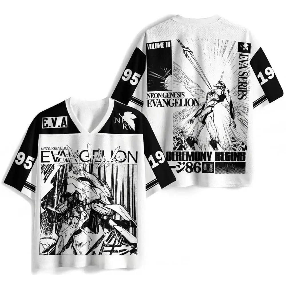 White and black graphic v-neck t-shirt with neon genesis evangelion artwork and volume 19 branding oversized jersey