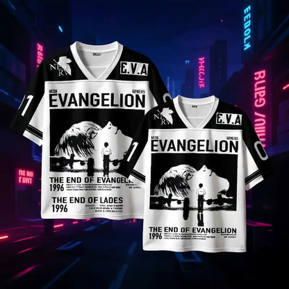 White and black neon genesis evangelion v-neck t-shirt with bold 3d print oversized graphic design on jersey fabric