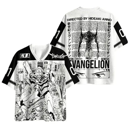 White and black short-sleeved neon genesis evangelion v-neck jersey with 3d print oversized anime unit art and bold sleeve lettering