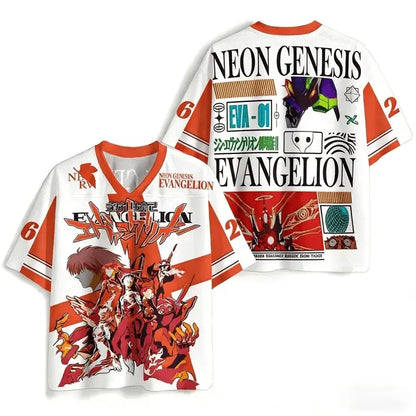 White short-sleeved v-neck t-shirt with bold orange and red neon genesis evangelion anime print oversized design
