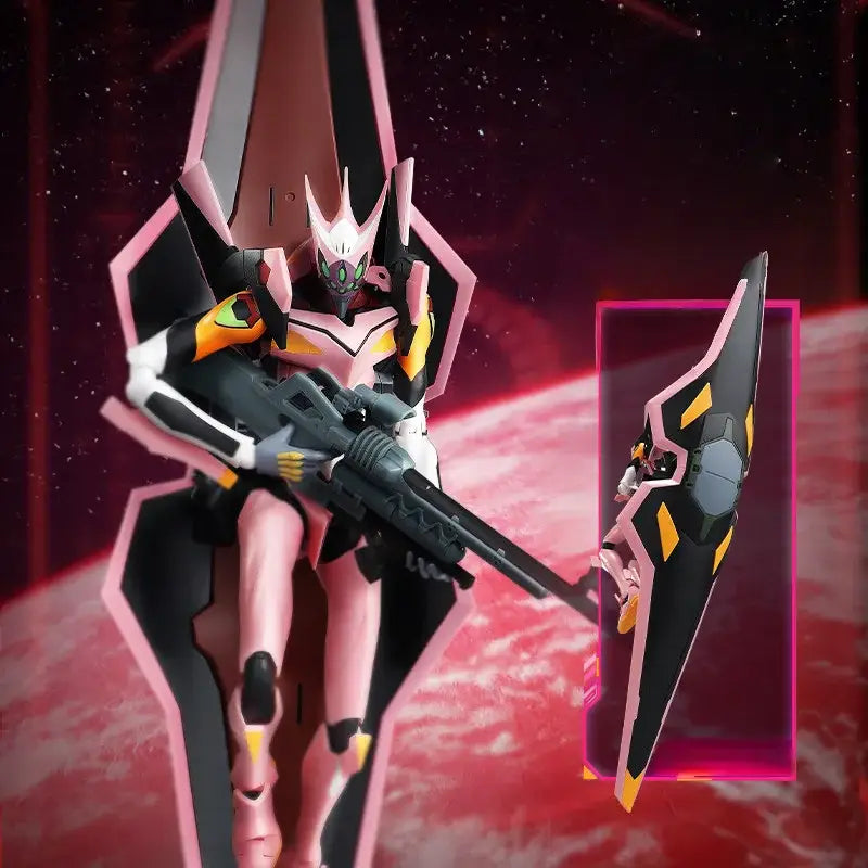 Neon genesis mari makinami illustrious action figure in pink and black holding rifle and shield against cosmic backdrop