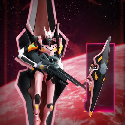 Neon genesis mari makinami illustrious action figure in pink and black holding rifle and shield against cosmic backdrop