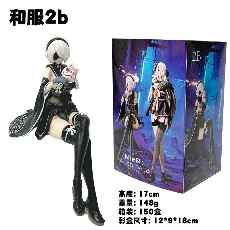Black and white pvc anime girl figure of 2b from nier automata seated with mask in lap anime collectible statue