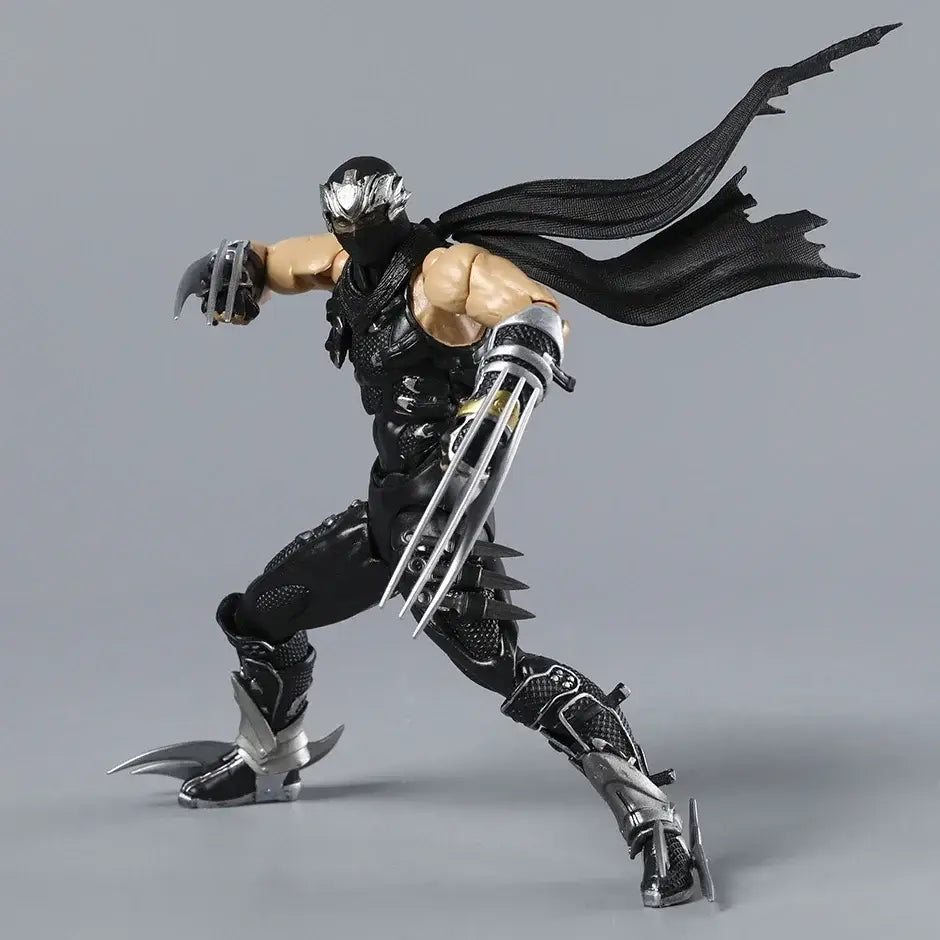 Ryu hayabusa ninja gaiden action figure in black and silver armor with detailed metallic claws and flowing cape