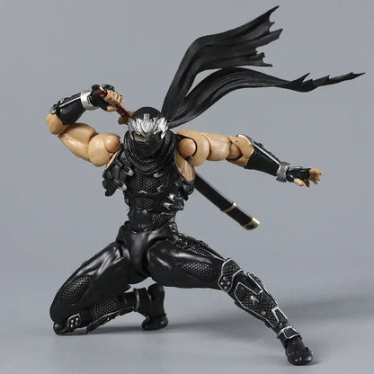 Black and silver ryu hayabusa ninja gaiden action figure with detailed armor flowing cape and articulated pose 1/12 scale