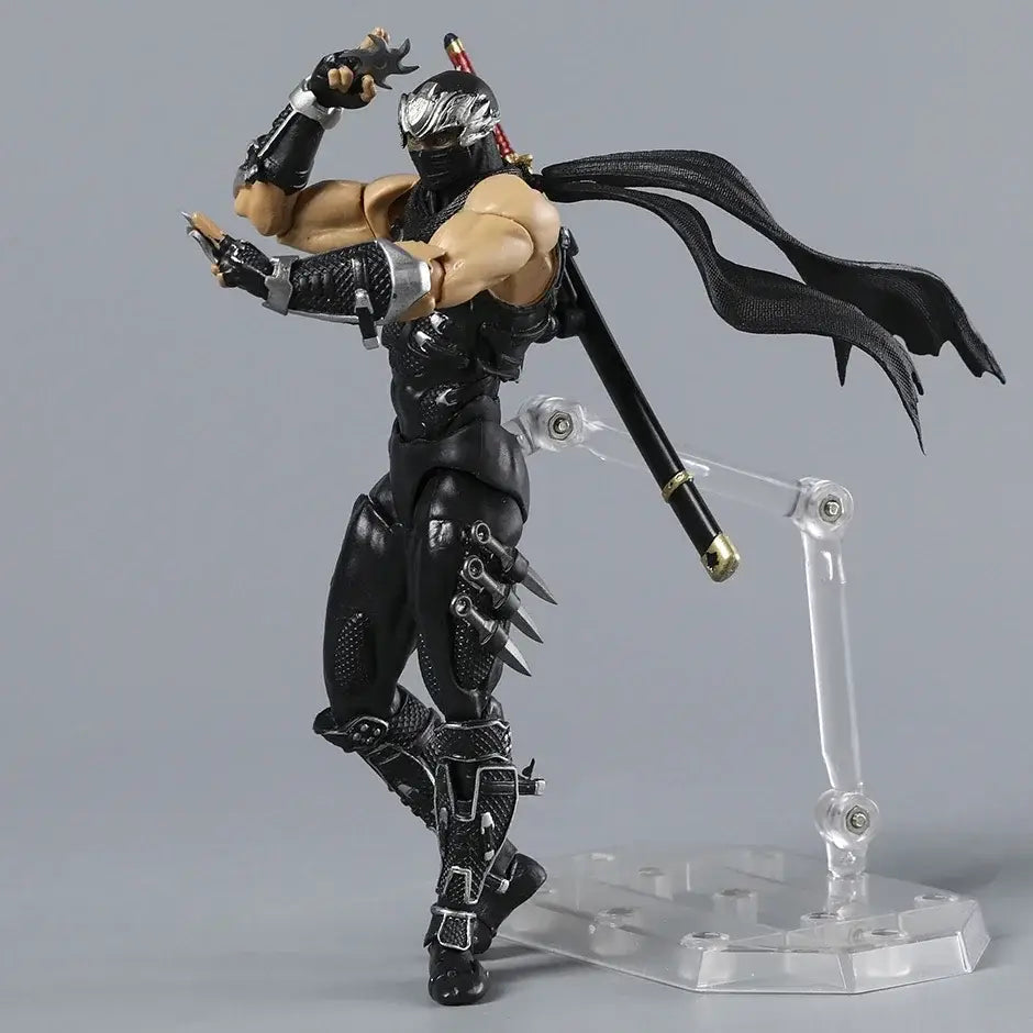 Ryu hayabusa ninja gaiden action figure in black with silver accents and detailed armor on a clear stand 1/12 scale articulated