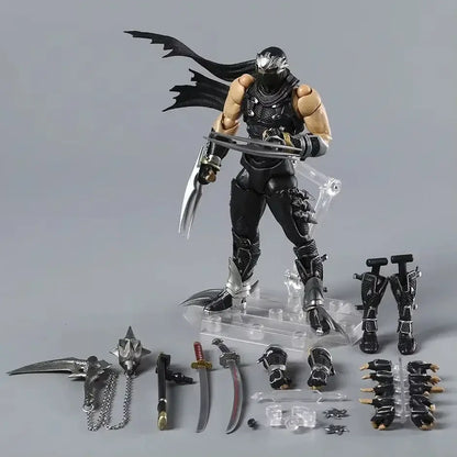 Ryu Hayabusa ninja gaiden action figure in black and silver with scale articulated limbs and detailed armor with cape