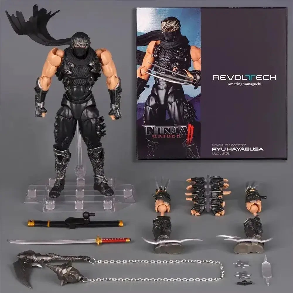 Black revoltech ninja gaiden ryu hayabusa action figure with detailed armor and articulated joints 1/12 scale