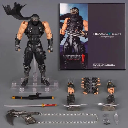 Black revoltech ninja gaiden ryu hayabusa action figure with detailed armor and articulated joints 1/12 scale